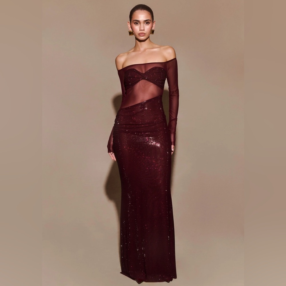 Meshki -  Nash Diamante Off Shoulder Maxi Dress - Mahogany